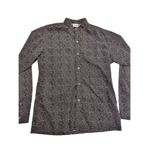 Vtg 90s Black Dot Print Long Sleeve Button Up Shirt Mandarin Collar Women's Sz M